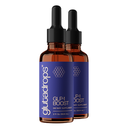 2 Flaschen GlutaDrops Abnehmtropfen frontal aufgestellt, Symbol für gezielte und natürliche Gewichtskontrolle.